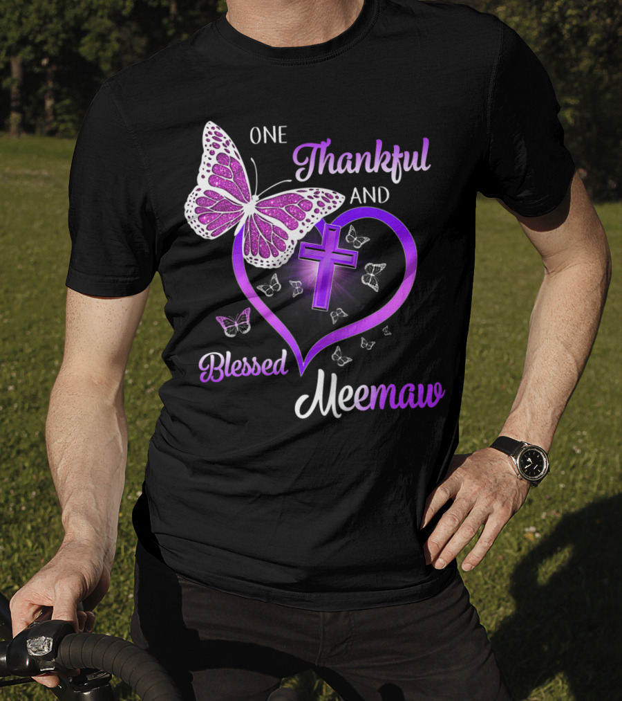 One Thankful And Blessed Meemaw Butterfly Cross Heart T-Shirt