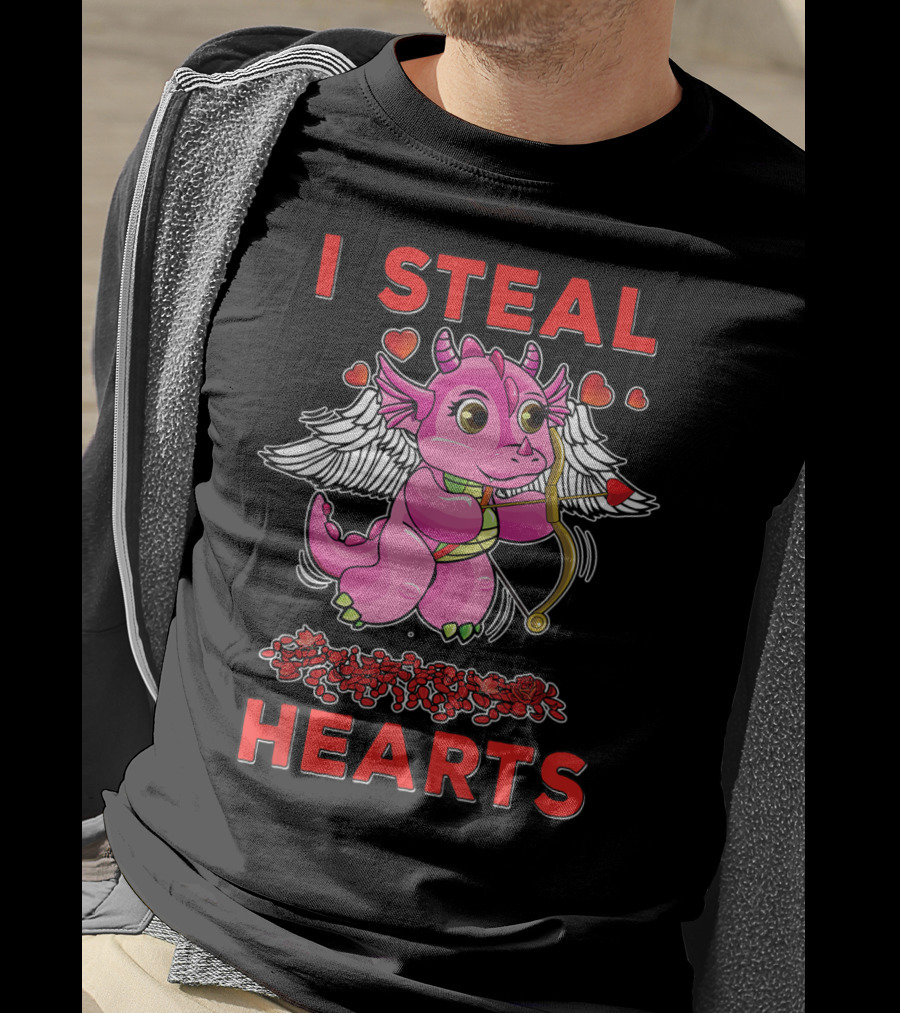 I Steal Hearts Valentine's Day Cute Cupid Dragon Girl With Bow And Roses T-Shirt