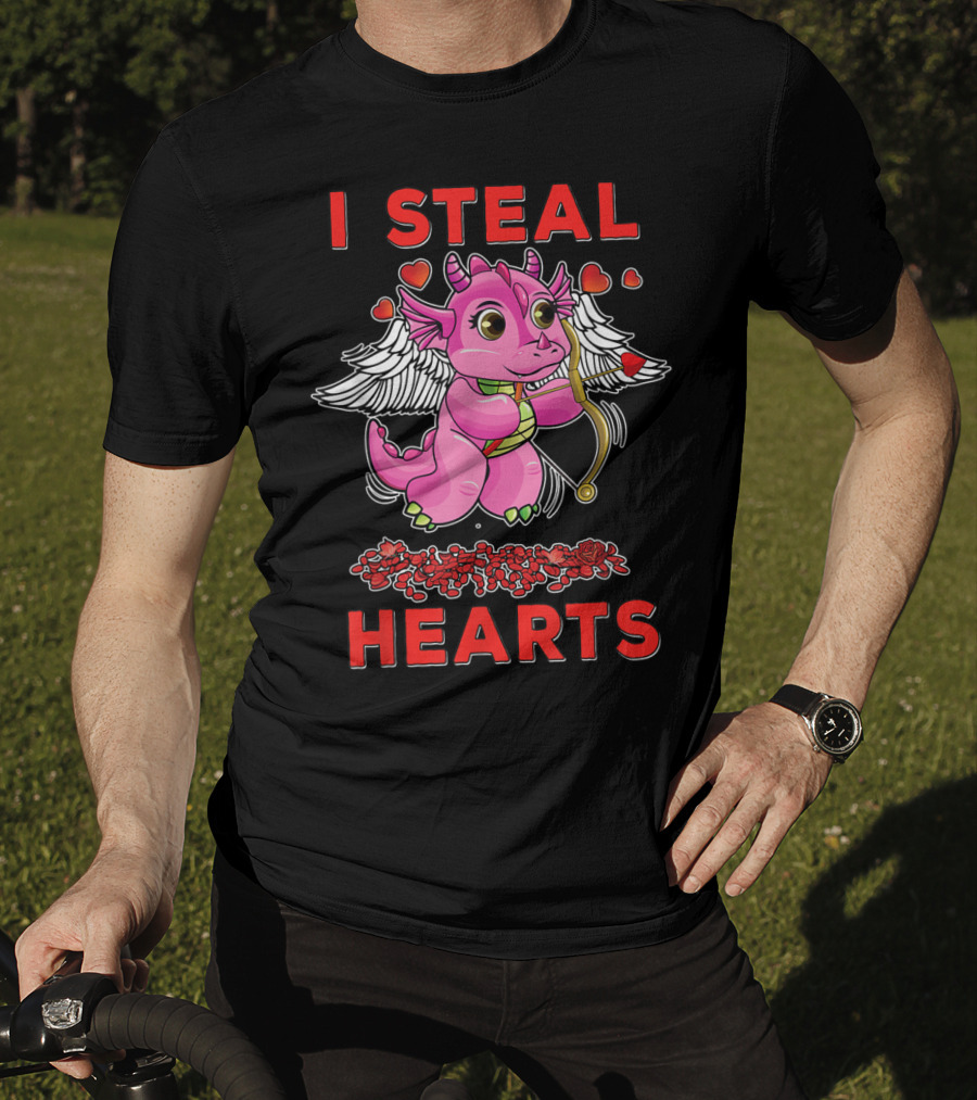 I Steal Hearts Valentine's Day Cute Cupid Dragon Girl With Bow And Roses T-Shirt