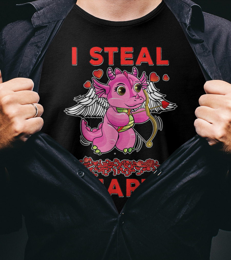 I Steal Hearts Valentine's Day Cute Cupid Dragon Girl With Bow And Roses T-Shirt