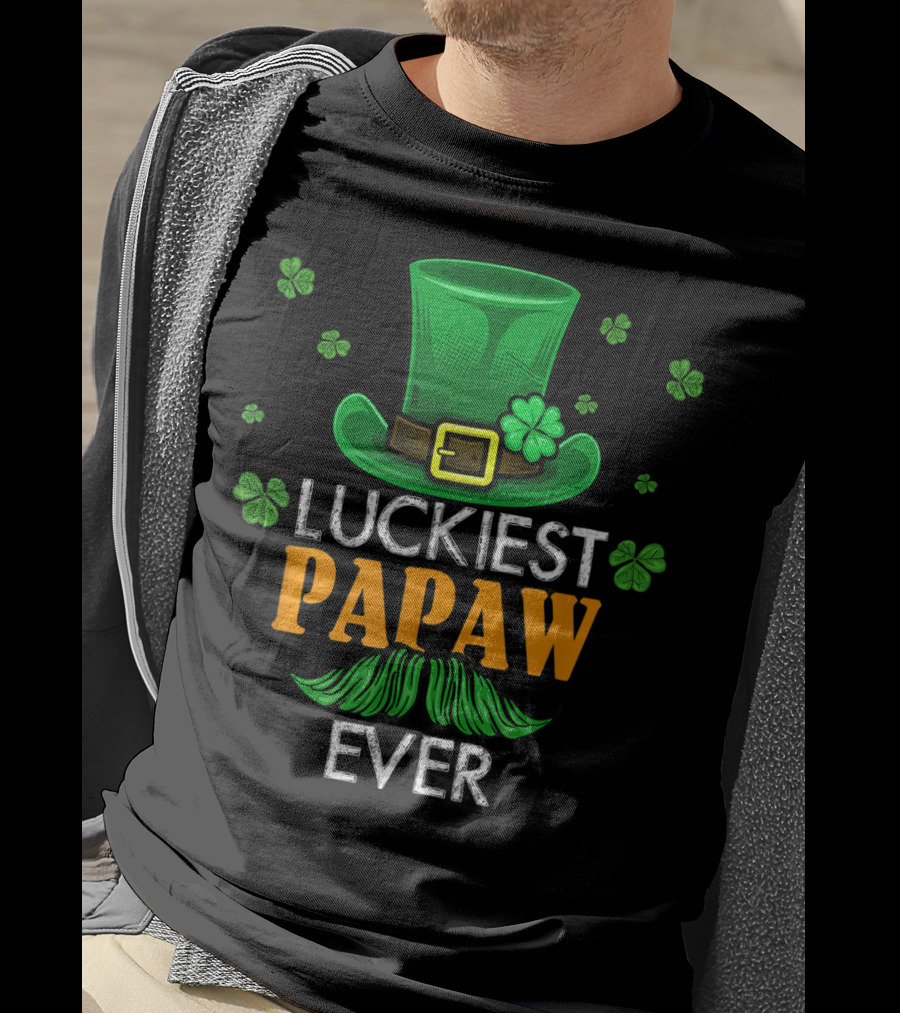Luckiest Papaw Ever Green Leprechaun Hat Shamrocks T-Shirt
