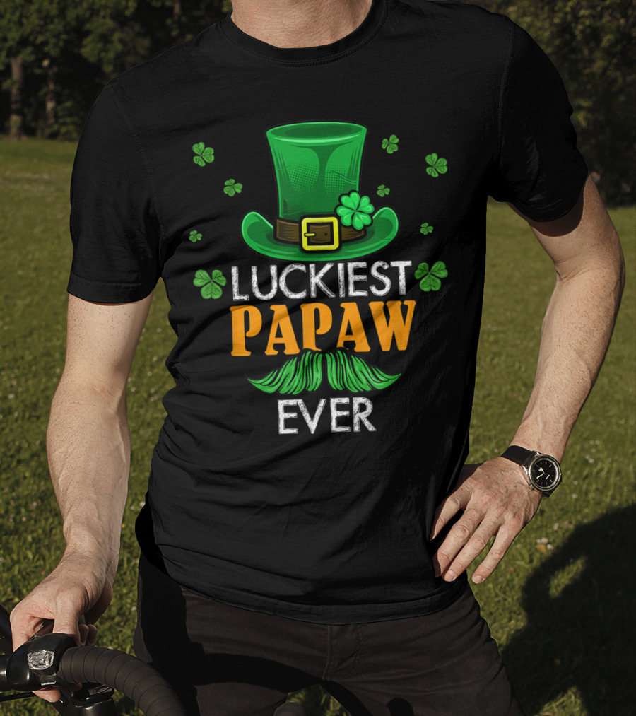 Luckiest Papaw Ever Green Leprechaun Hat Shamrocks T-Shirt