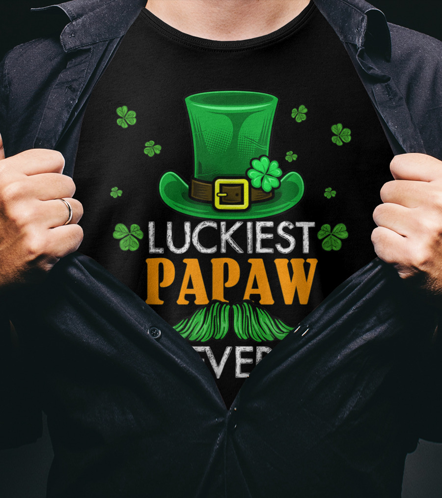 Luckiest Papaw Ever Green Leprechaun Hat Shamrocks T-Shirt