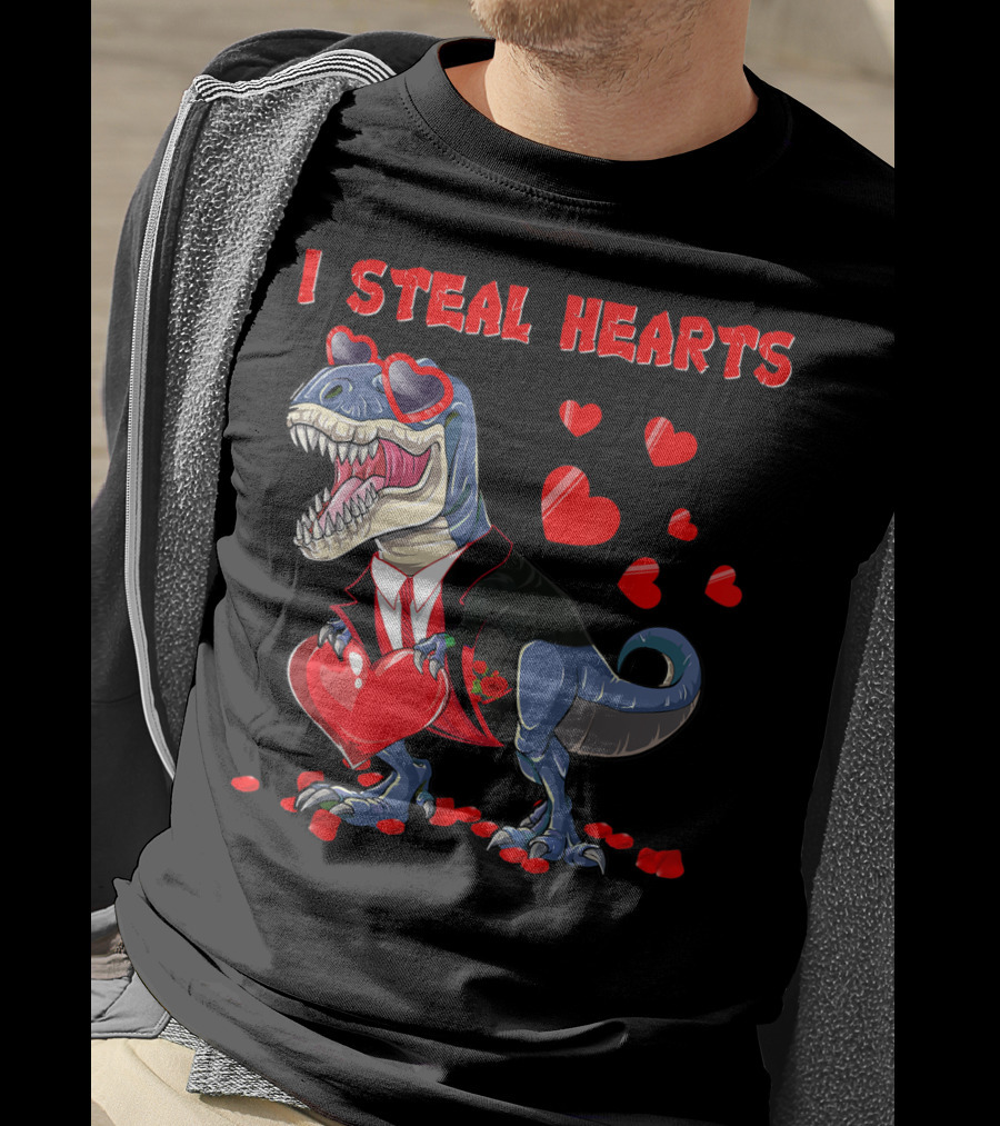 I Steal Hearts Valentines Day Dinosaur In Tuxedo With Hearts T-Shirt