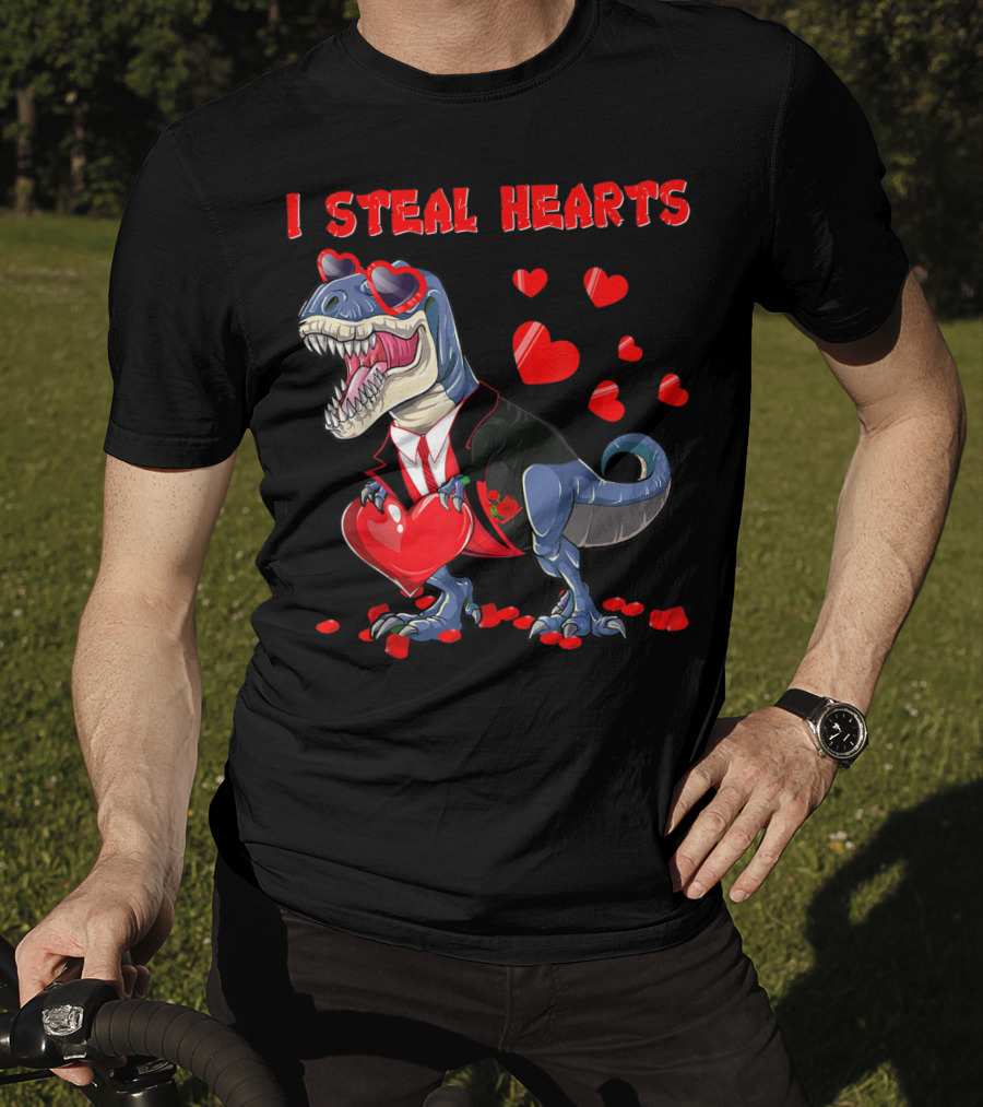 I Steal Hearts Valentines Day Dinosaur In Tuxedo With Hearts T-Shirt