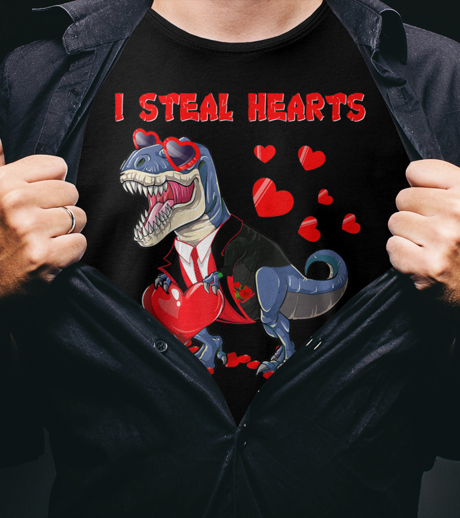I Steal Hearts Valentines Day Dinosaur In Tuxedo With Hearts T-Shirt