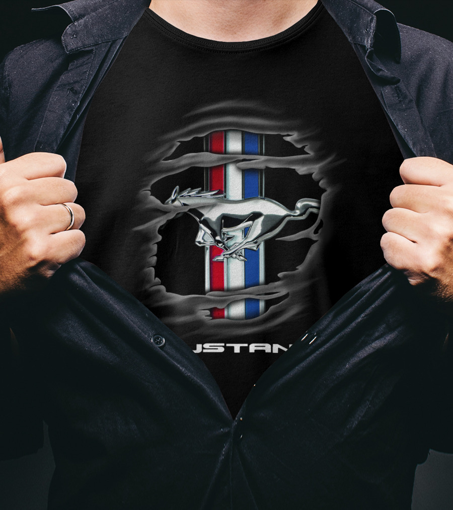 Mustang Silver Pony Emblem With Red White Blue Stripes T-Shirt
