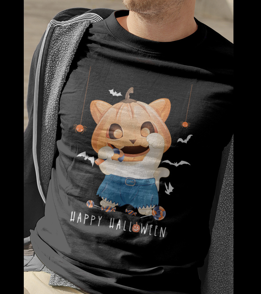 Happy Halloween Pumpkin Cat With Candy And Bats T-Shirt