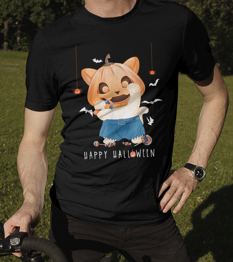 Happy Halloween Pumpkin Cat With Candy And Bats T-Shirt