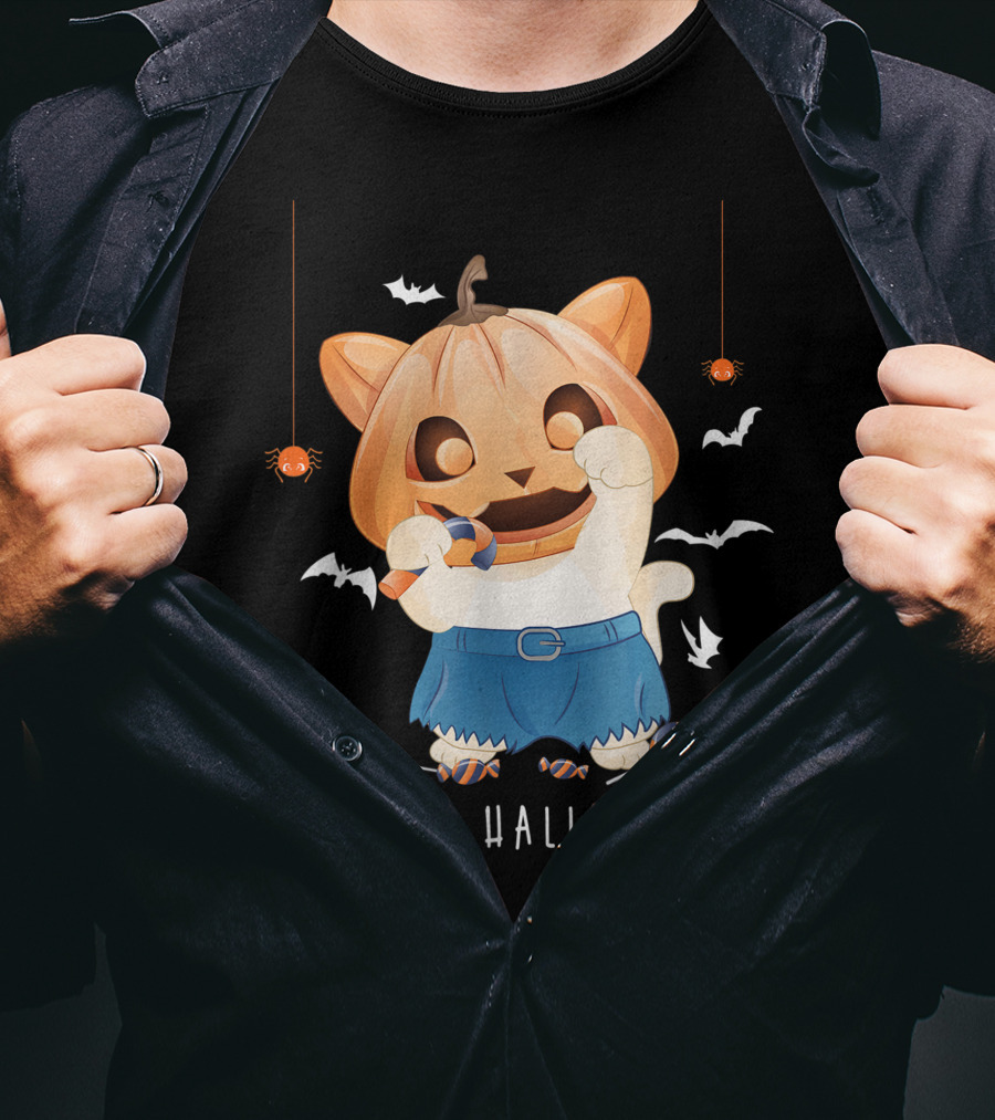 Happy Halloween Pumpkin Cat With Candy And Bats T-Shirt