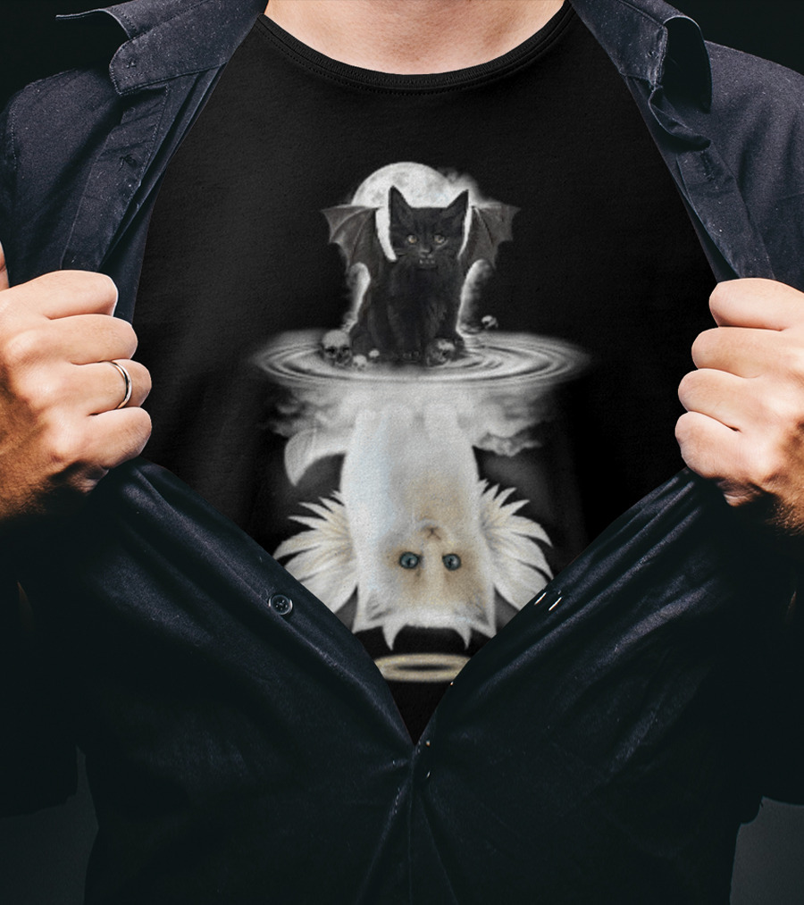 Black Cat Devil With Wings White Cat Angel With Halo Reflection Moon Skulls T-Shirt
