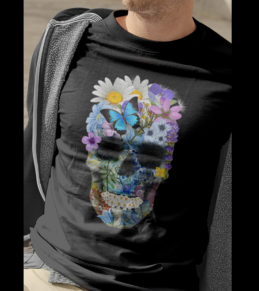 Halloween Floral Sugar Skull With Colorful Flowers And Butterfly T-Shirt