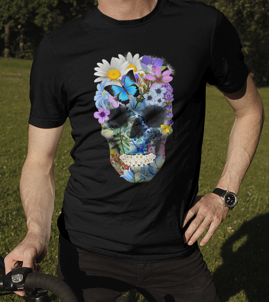 Halloween Floral Sugar Skull With Colorful Flowers And Butterfly T-Shirt