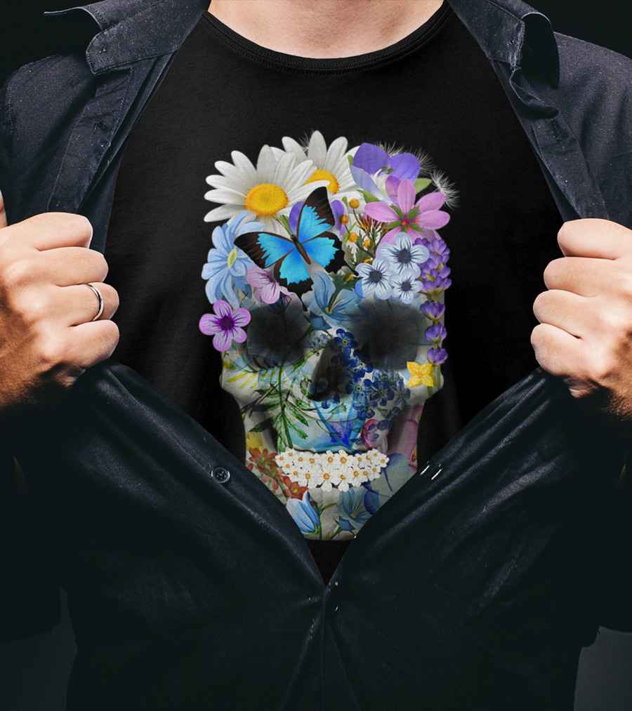 Halloween Floral Sugar Skull With Colorful Flowers And Butterfly T-Shirt