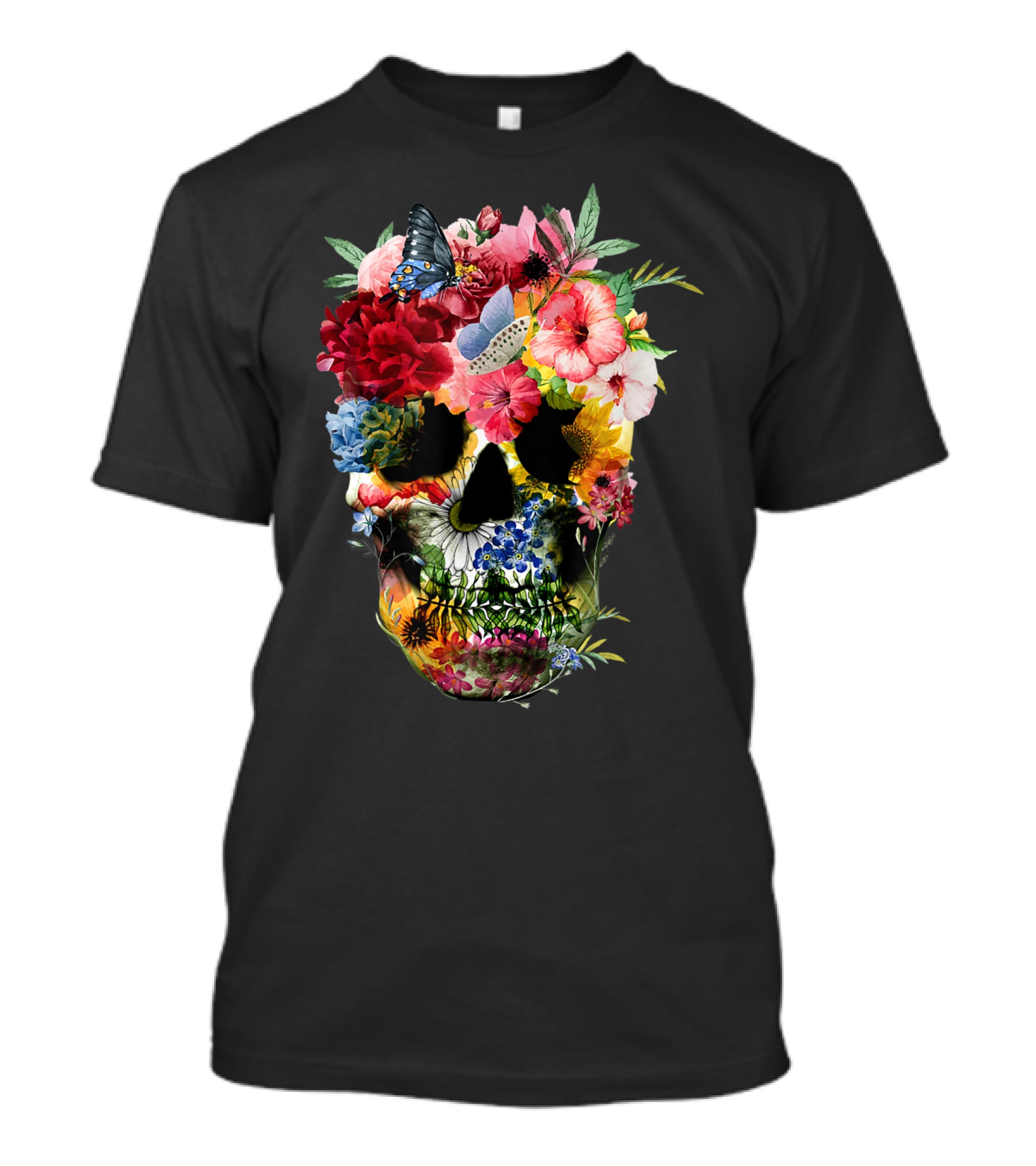 Floral Sugar Skull Butterfly Garden Bouquet T-Shirt