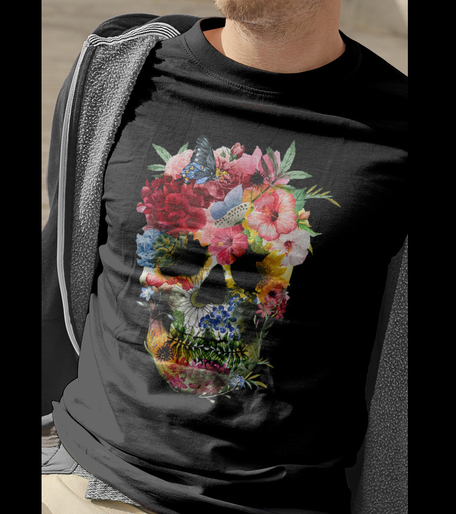 Floral Sugar Skull Butterfly Garden Bouquet T-Shirt