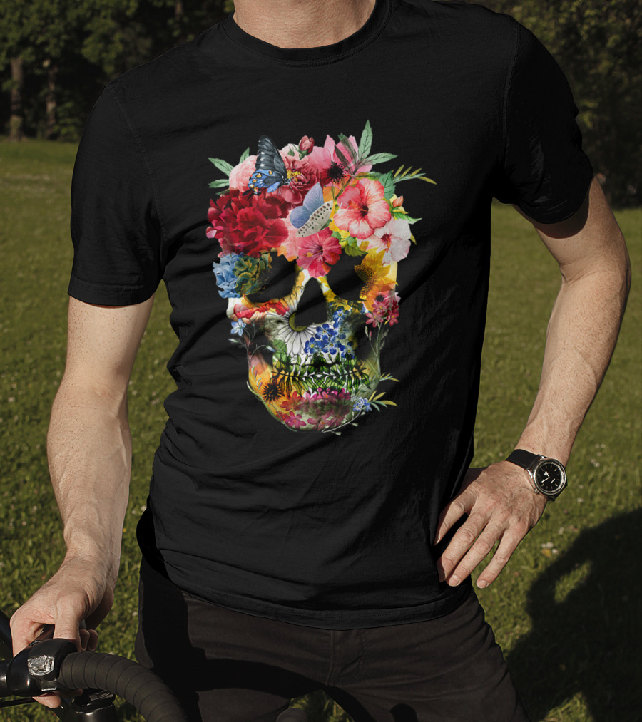 Floral Sugar Skull Butterfly Garden Bouquet T-Shirt