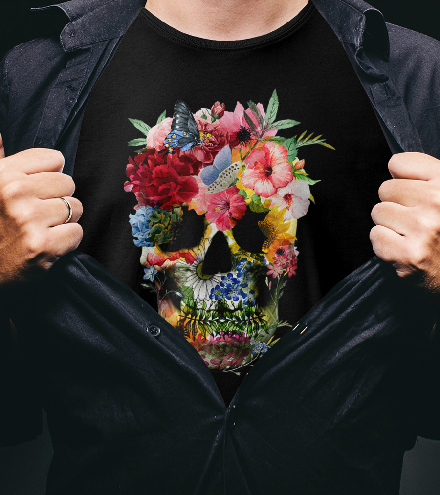 Floral Sugar Skull Butterfly Garden Bouquet T-Shirt