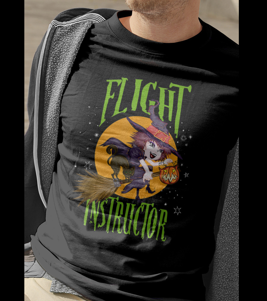 Flight Instructor Witch Broomstick Halloween Cat And Pumpkin Magic Stars T-Shirt