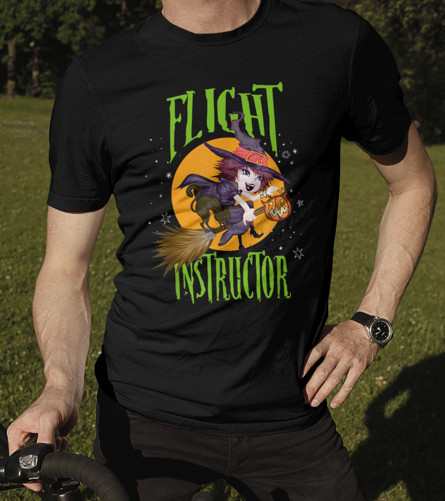 Flight Instructor Witch Broomstick Halloween Cat And Pumpkin Magic Stars T-Shirt