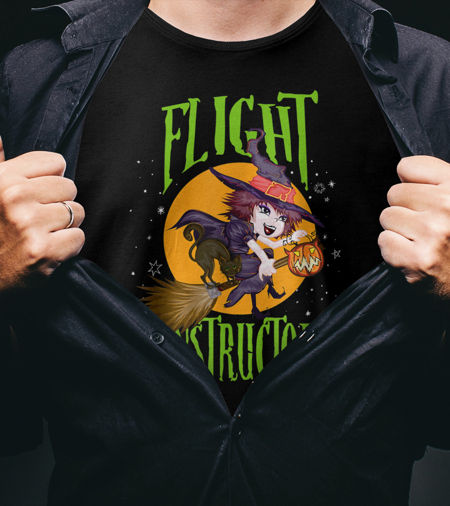 Flight Instructor Witch Broomstick Halloween Cat And Pumpkin Magic Stars T-Shirt