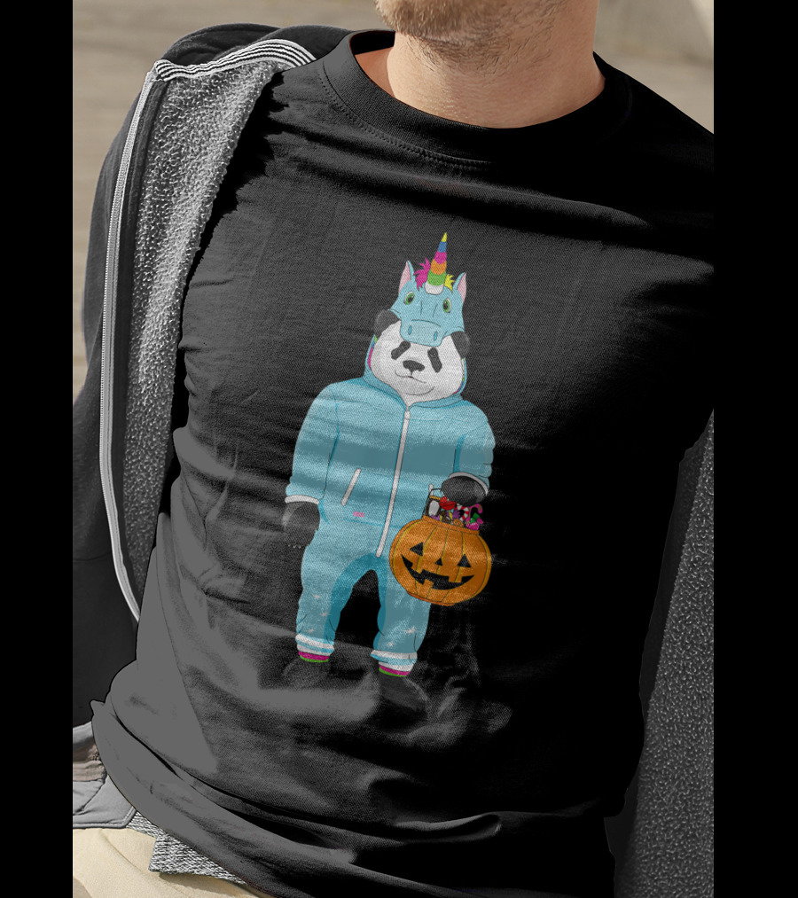 Panda Wearing Unicorn Costume Holding Spooky Pumpkin Lantern In Halloween T-Shirt