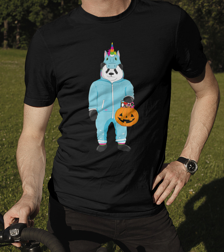 Panda Wearing Unicorn Costume Holding Spooky Pumpkin Lantern In Halloween T-Shirt