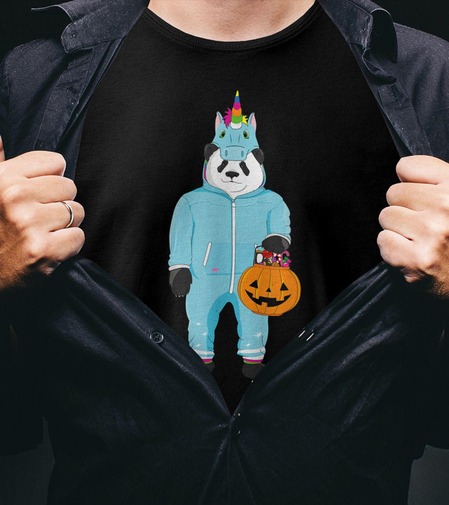 Panda Wearing Unicorn Costume Holding Spooky Pumpkin Lantern In Halloween T-Shirt