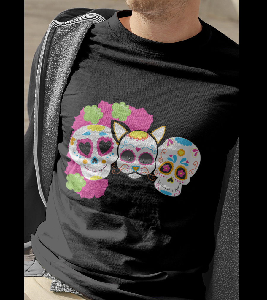 Sugar Skull Cat With Flowers Day Of Dead Floral Skulls T-Shirt