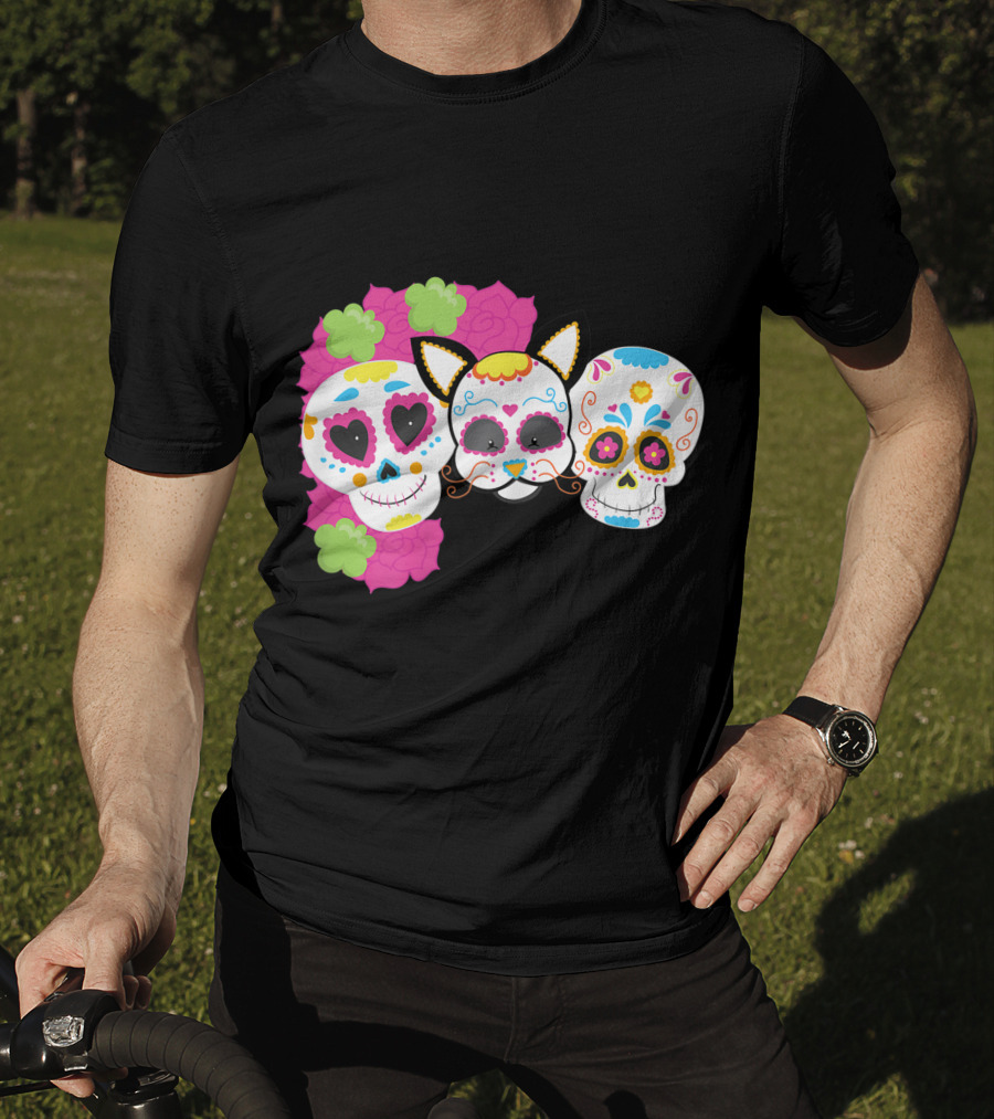 Sugar Skull Cat With Flowers Day Of Dead Floral Skulls T-Shirt