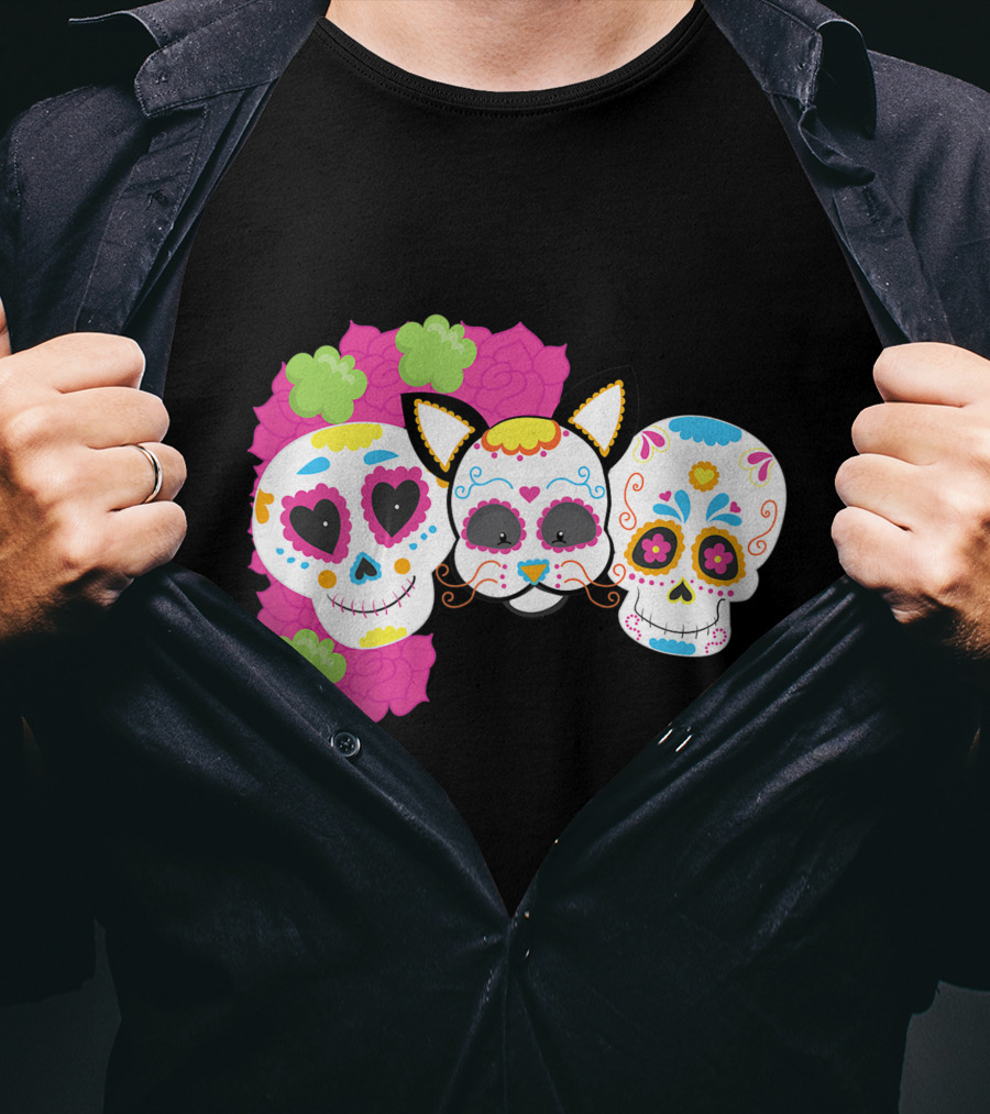Sugar Skull Cat With Flowers Day Of Dead Floral Skulls T-Shirt