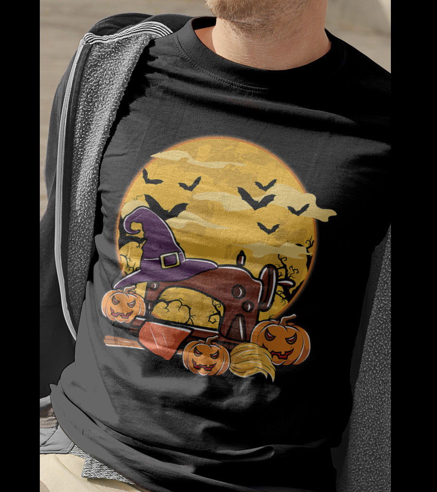 Spooky Sewing Machine With Halloween Pumpkins And Witch Hat In Full Moon Bat Swarm T-Shirt