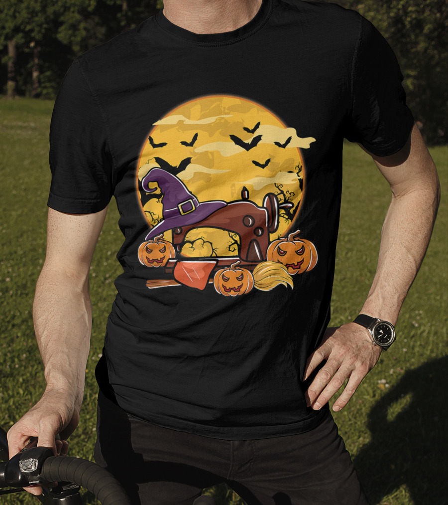 Spooky Sewing Machine With Halloween Pumpkins And Witch Hat In Full Moon Bat Swarm T-Shirt
