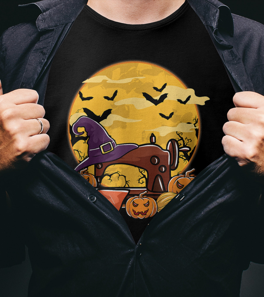 Spooky Sewing Machine With Halloween Pumpkins And Witch Hat In Full Moon Bat Swarm T-Shirt
