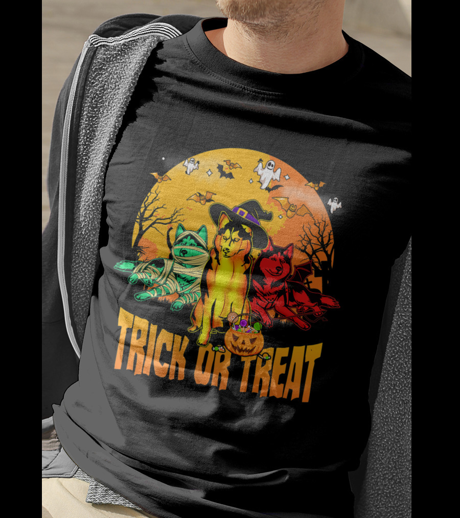 Trick Or Treat Siberian Husky Halloween Ghosts Pumpkins And Bats T-Shirt
