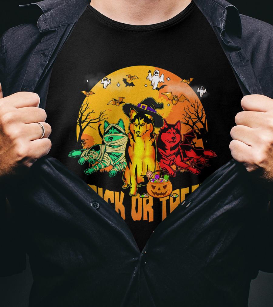 Trick Or Treat Siberian Husky Halloween Ghosts Pumpkins And Bats T-Shirt