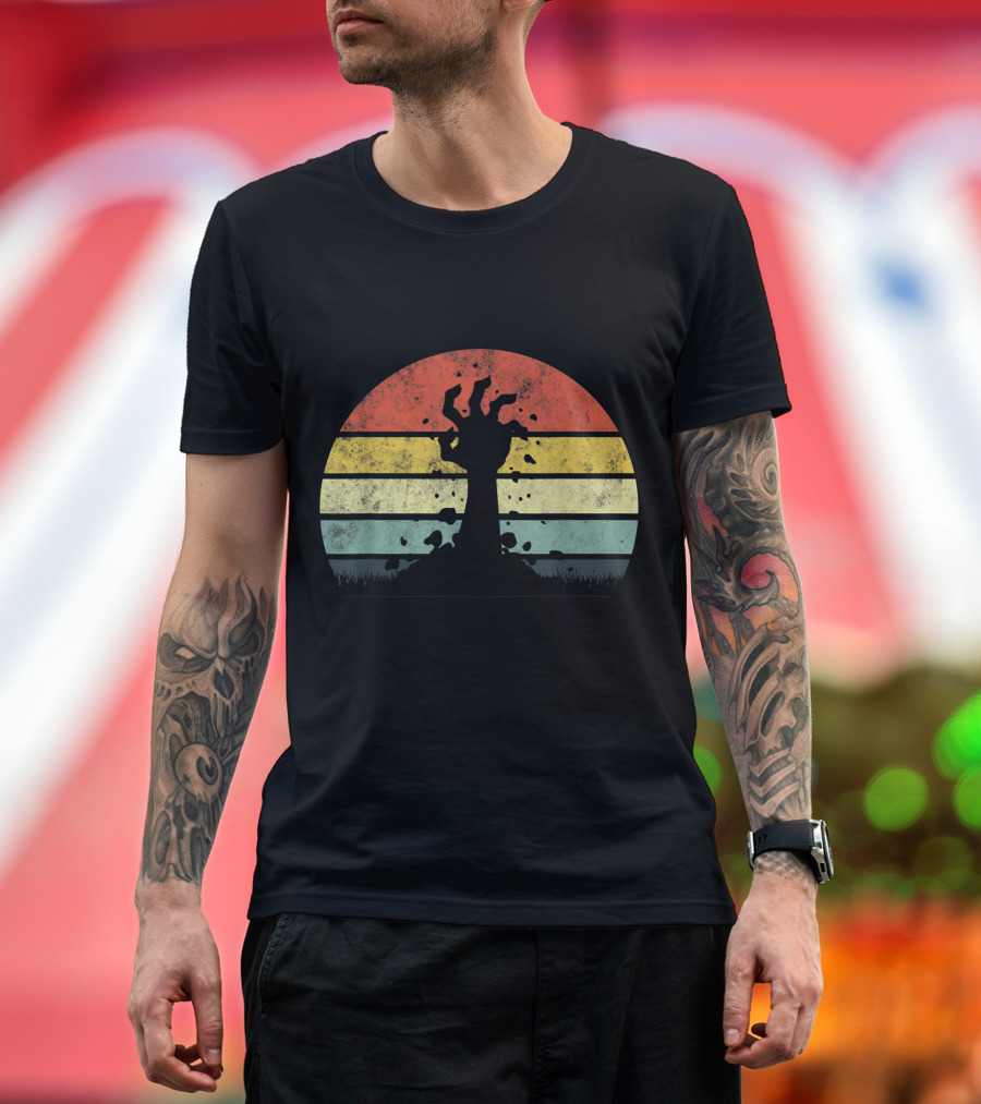 Vintage Retro Scary Zombie Hand Rising in Striped Sunset Background T-Shirt