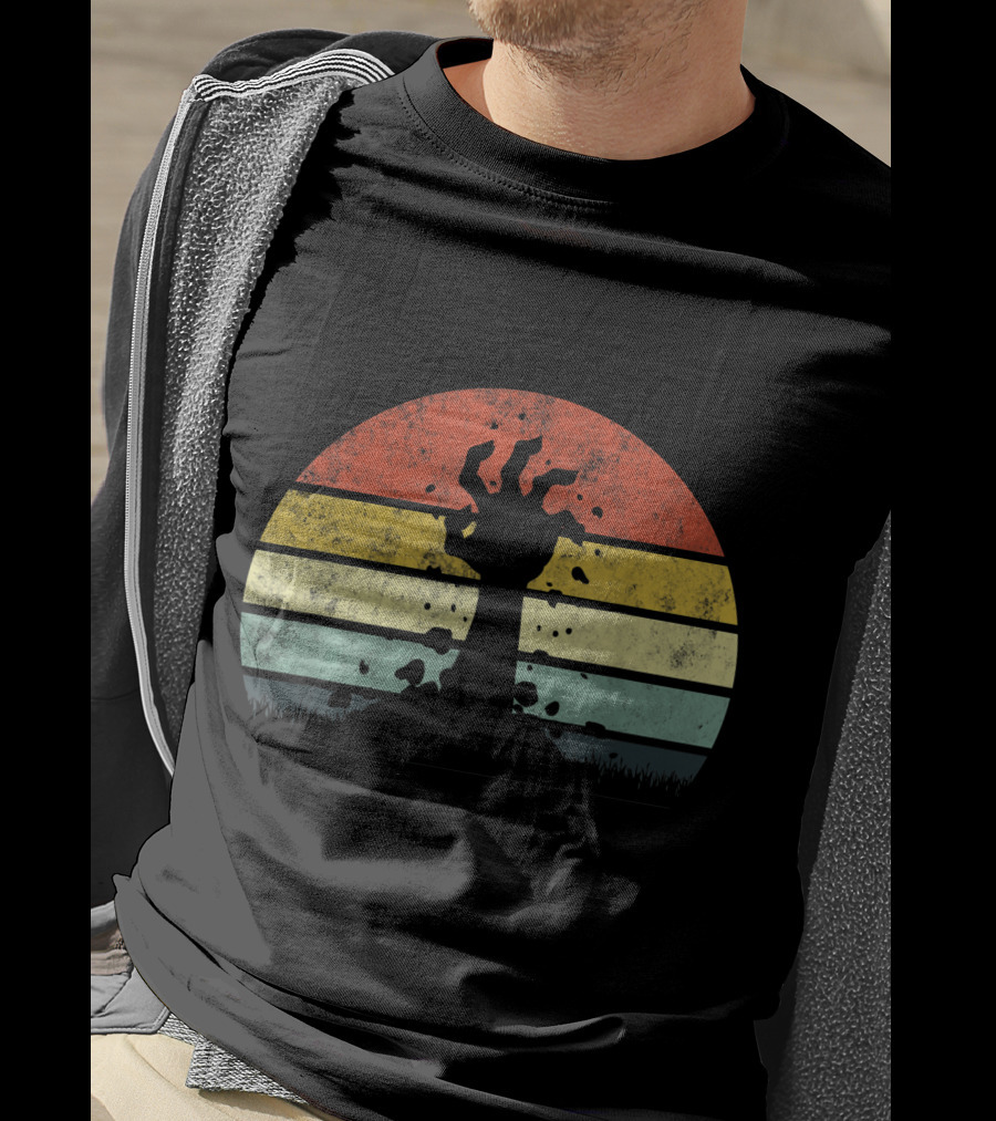 Vintage Retro Scary Zombie Hand Rising In Striped Sunset Background T-Shirt