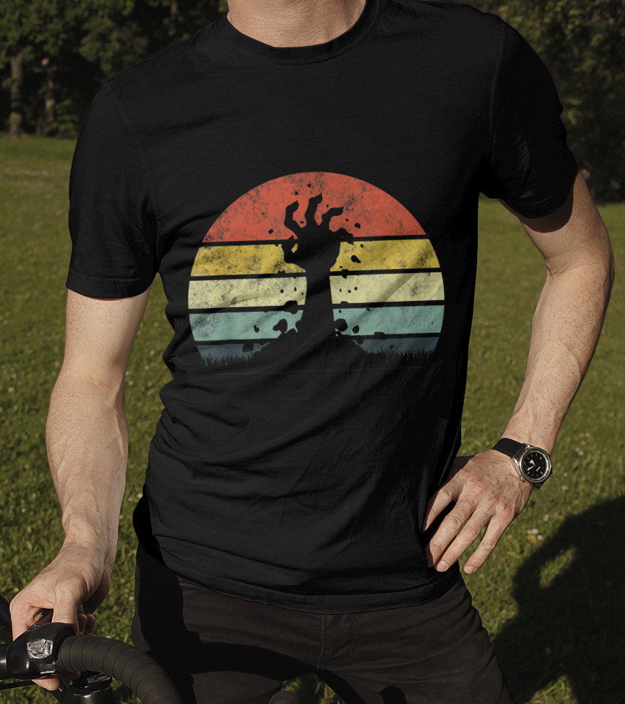 Vintage Retro Scary Zombie Hand Rising In Striped Sunset Background T-Shirt