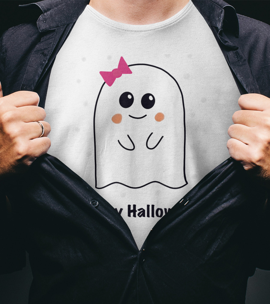 Happy Halloween Cute Ghost With Pink Bow T-Shirt