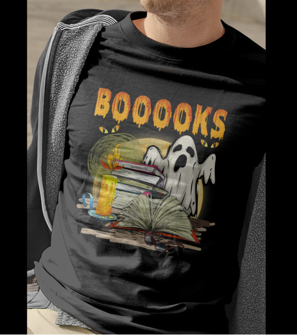BOOOOKS Cute Ghost With Candles And Stacks Of Books T-Shirt