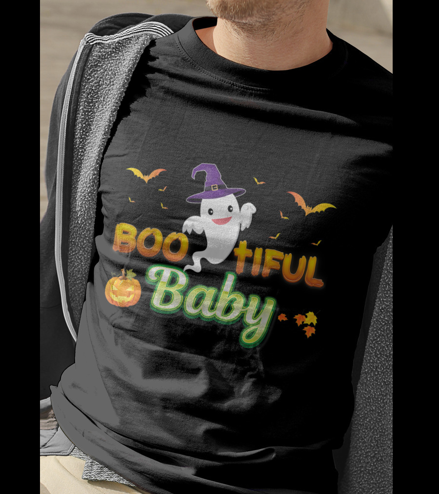 Bootiful Baby Cute Boo Ghost With Witch Hat And Pumpkin T-Shirt