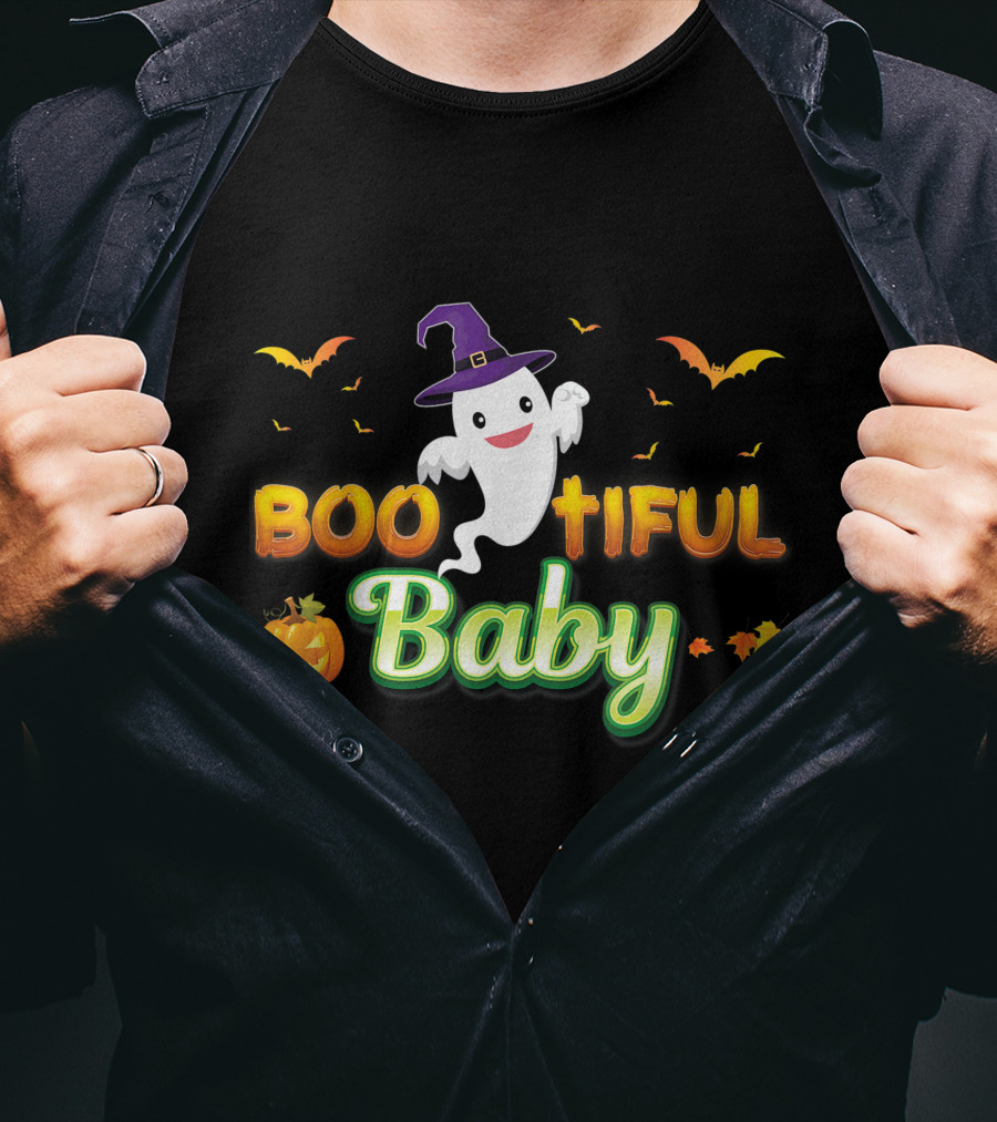 Bootiful Baby Cute Boo Ghost With Witch Hat And Pumpkin T-Shirt