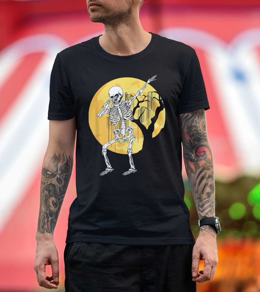 Dabbing Skeleton in Front of Yellow Moon with Tree T-Shirt