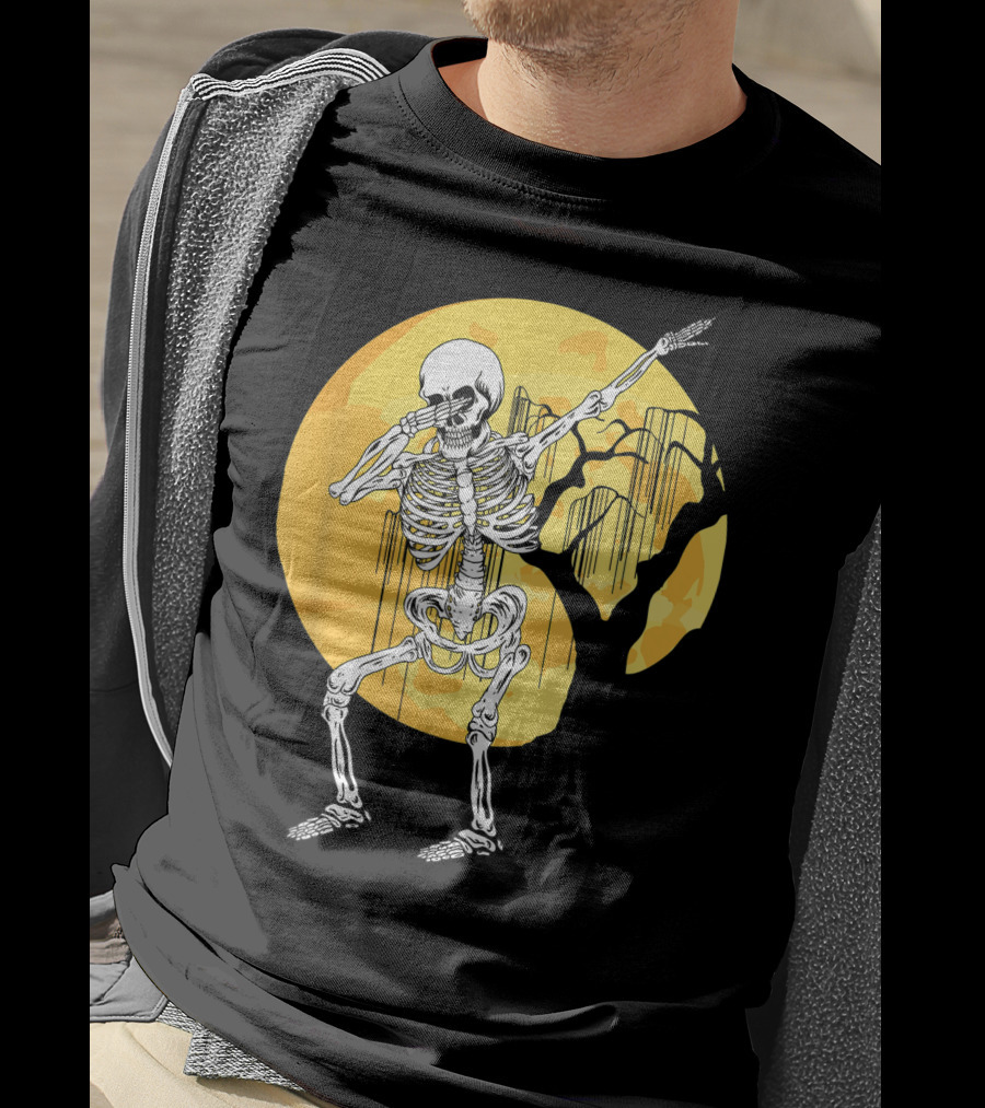 Dabbing Skeleton In Front Of Yellow Moon With Tree T-Shirt