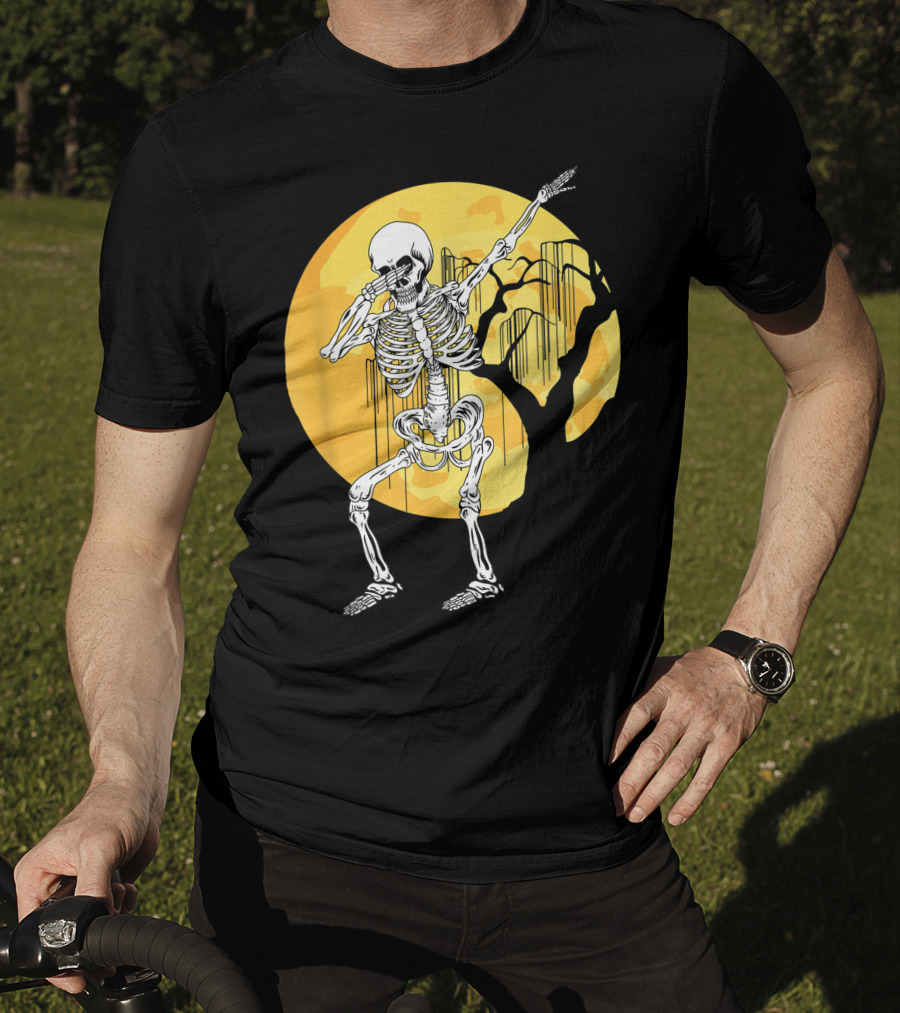 Dabbing Skeleton In Front Of Yellow Moon With Tree T-Shirt
