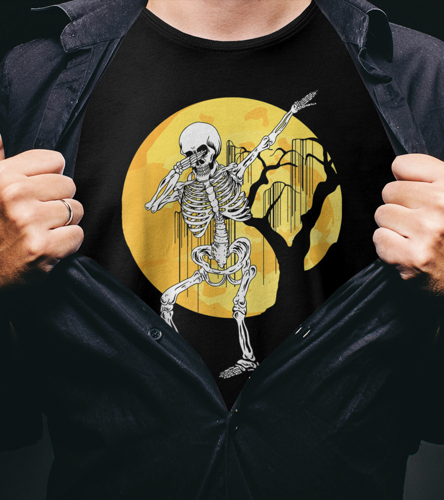 Dabbing Skeleton In Front Of Yellow Moon With Tree T-Shirt