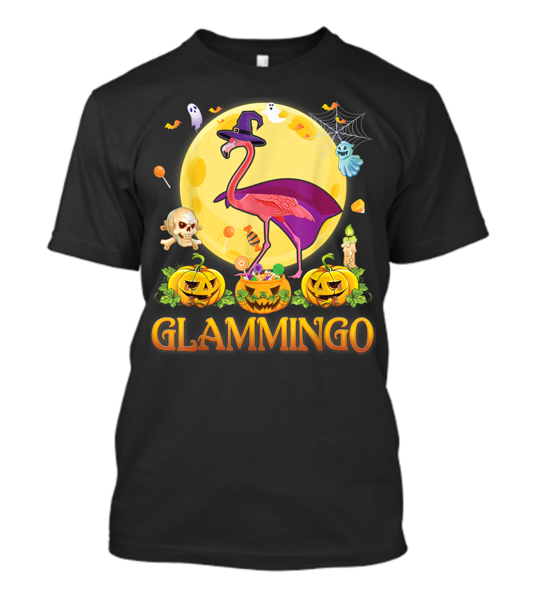 Glammingo Witch Flamingo Halloween Pumpkin Moon Ghosts Skulls Candy T-Shirt