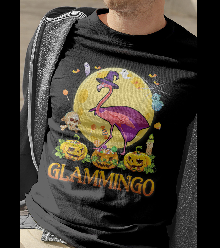 Glammingo Witch Flamingo Halloween Pumpkin Moon Ghosts Skulls Candy T-Shirt