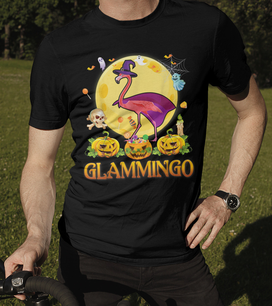 Glammingo Witch Flamingo Halloween Pumpkin Moon Ghosts Skulls Candy T-Shirt